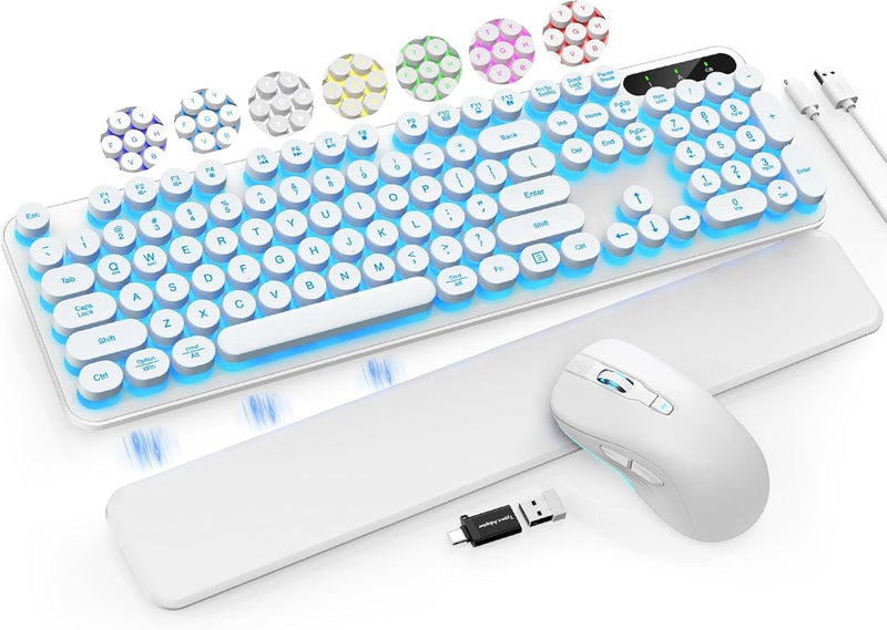 Trueque Wireless Keyboard and Mouse Backlit - Typewriter Keyboard with Retro Round Keycaps, Detachable Wrist Rest, Light Up Letters, 2.4G Rechargeable Combo for Mac, Windows, PC, Laptop, (White) - Image 1